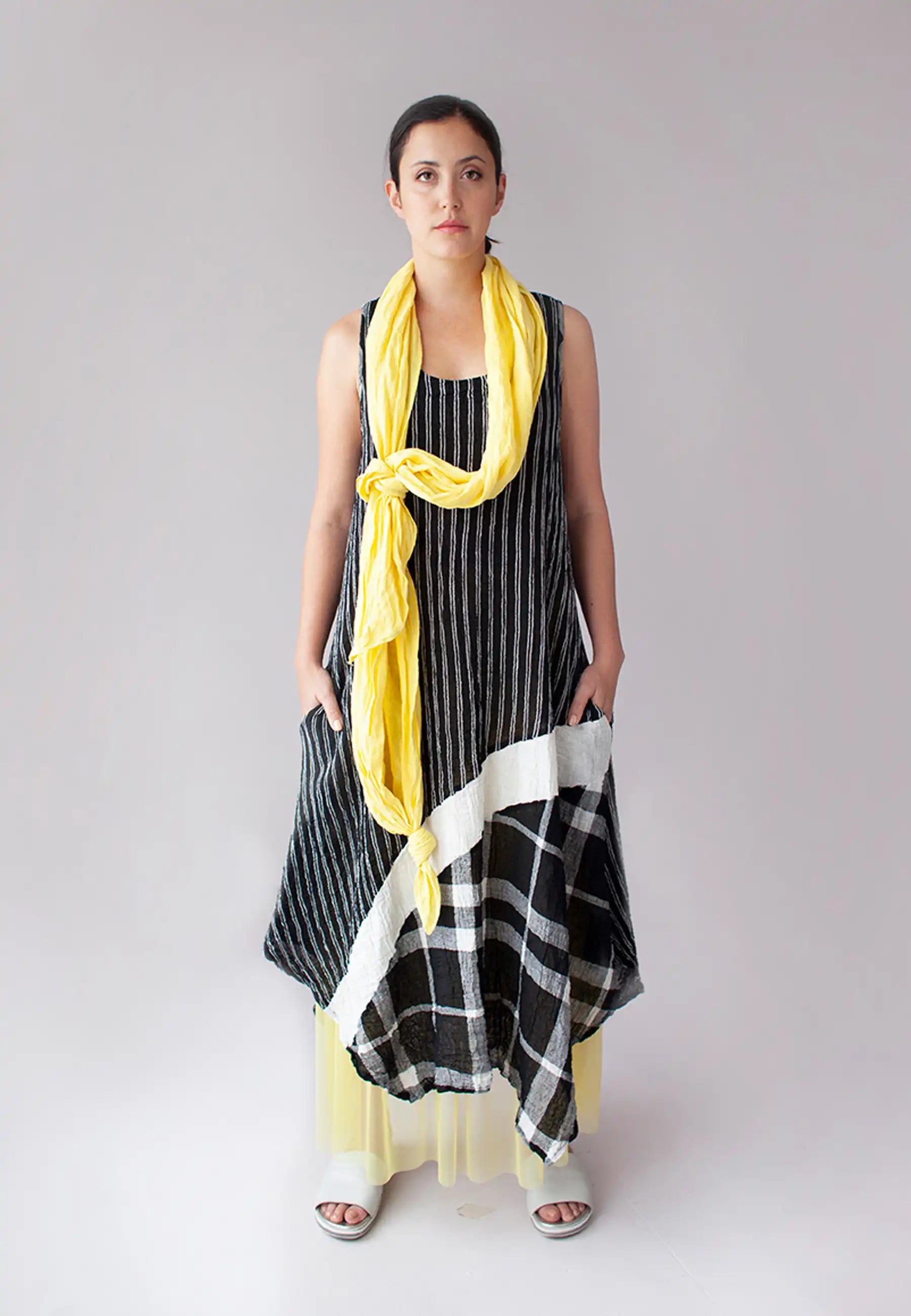 ORLY Pattern-mix asymmetric linen dress Black / 08-10