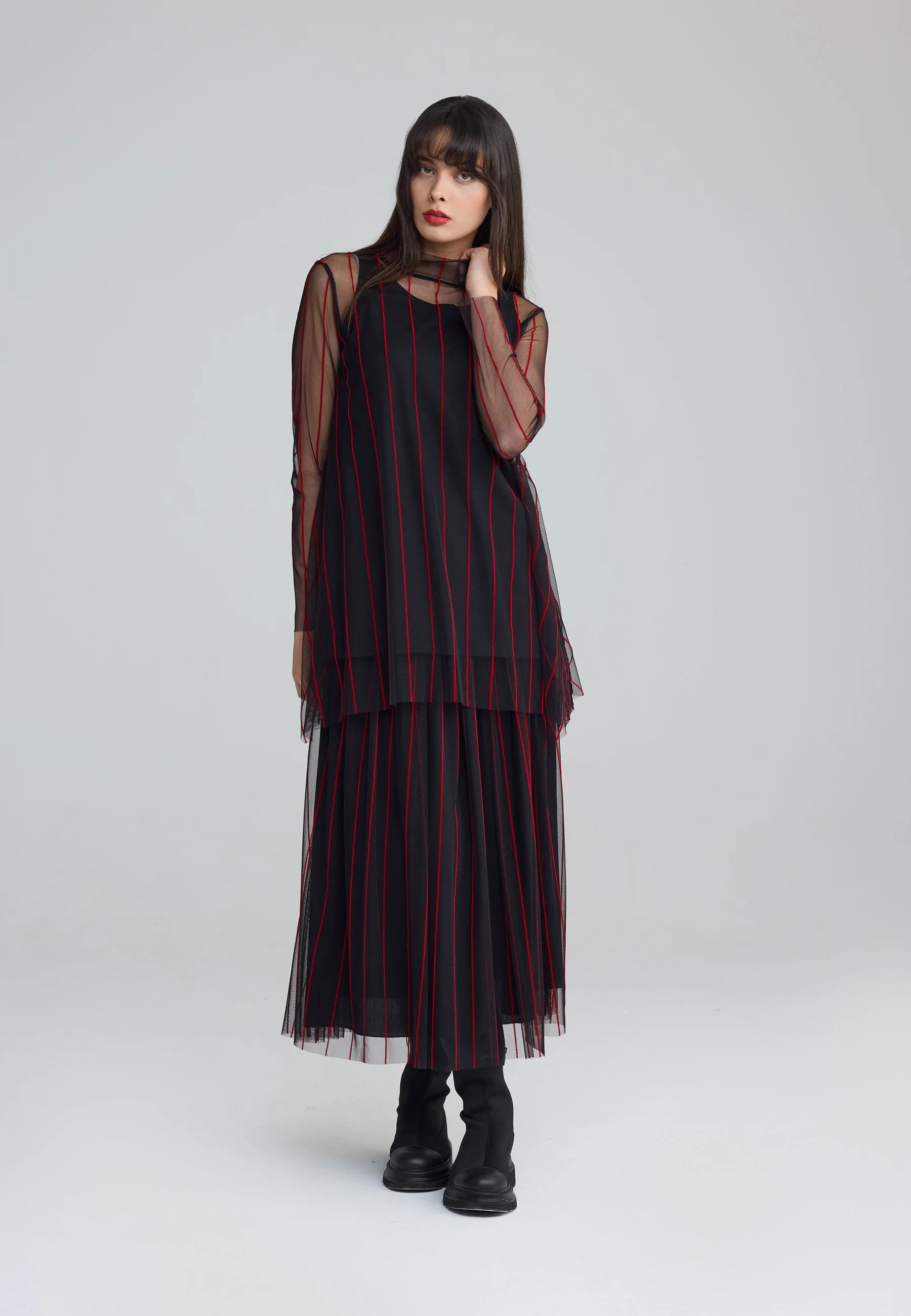 Luukaa Women's Noelle Striped Mesh Layered Blouse - Black - Blouses Luukaa Women's Noelle Striped Mesh Layered Blouse - Black - Blouses