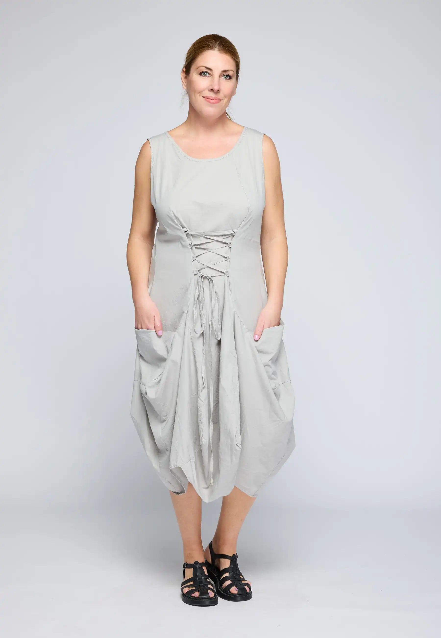 RHEA Poplin lace-up balloon dress Olive / 08-10