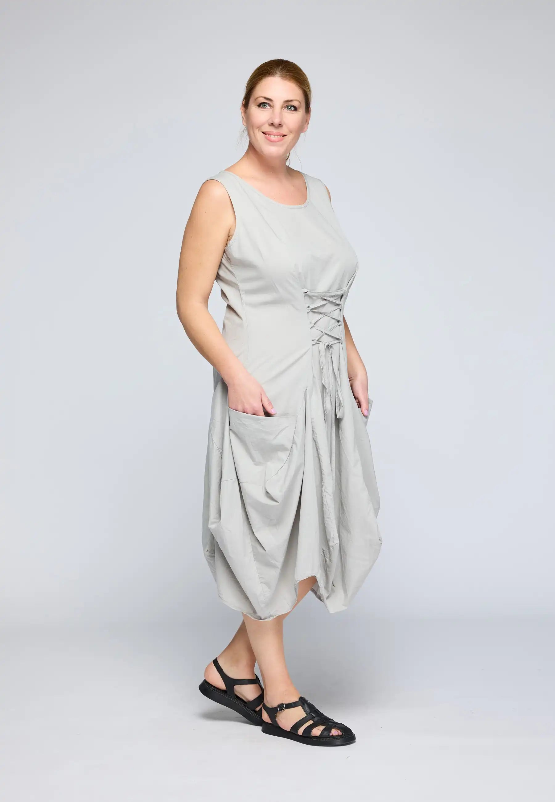 RHEA Poplin lace-up balloon dress Olive / 08-10 RHEA Poplin lace-up balloon dress Olive / 08-10
