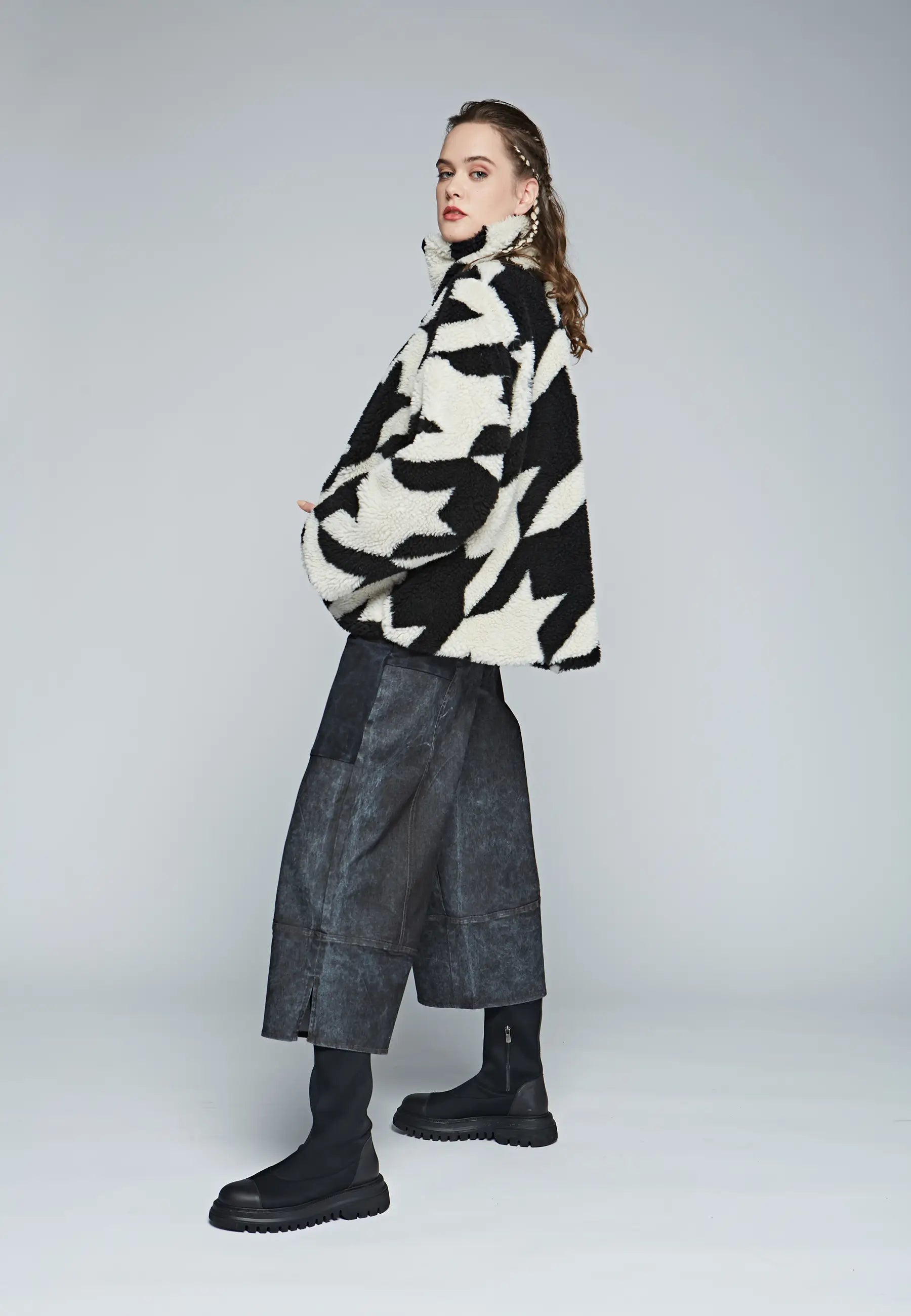 Luukaa Flip Mid Length Printed Reversible Teddy Coat Illusion Print Black 12 16 CF