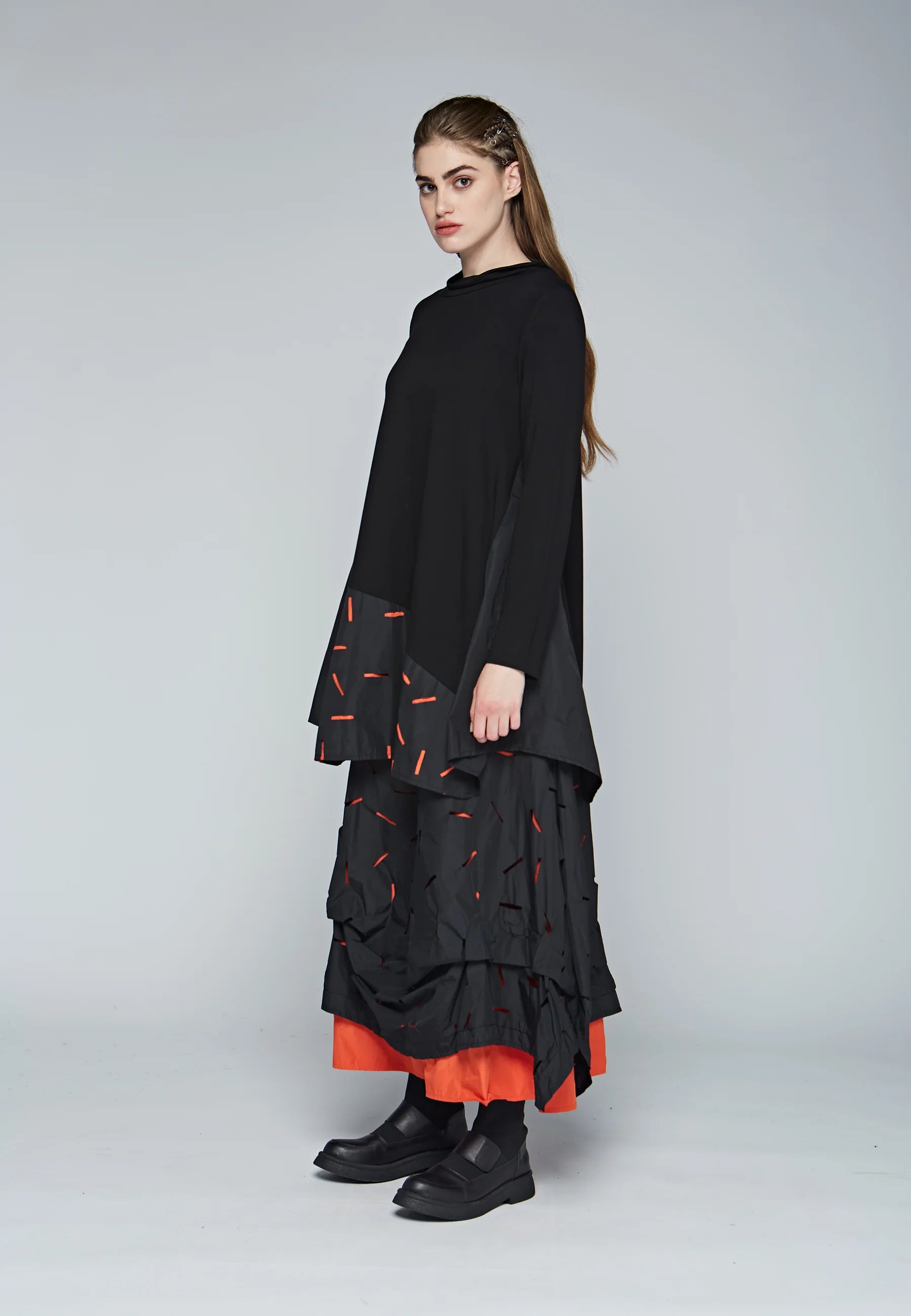 FUSION Long, viscose jersey & recycled memory taffeta blended skirt