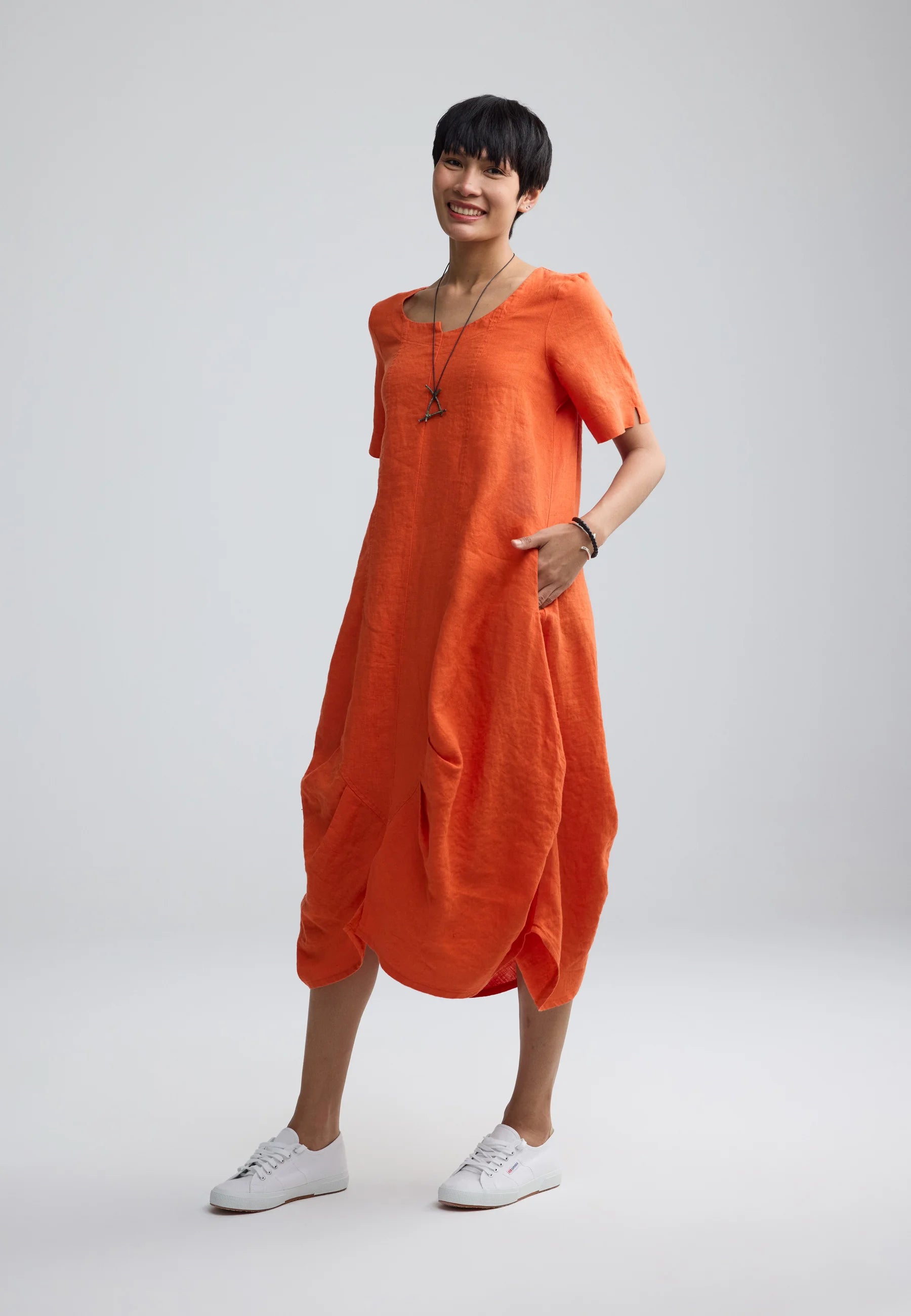YALINA Solid linen balloon dress Rust Orange / 18-20 YALINA Solid linen balloon dress Rust Orange / 18-20