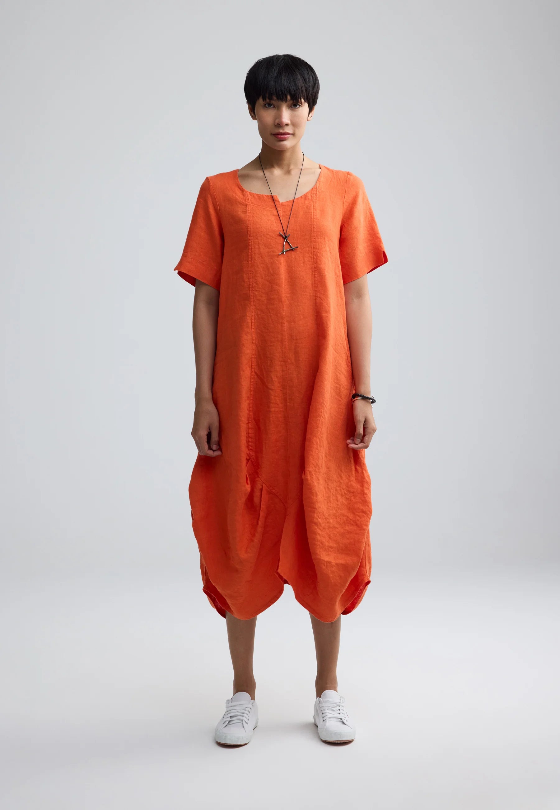 YALINA Solid linen balloon dress Rust Orange / 18-20 YALINA Solid linen balloon dress Rust Orange / 18-20